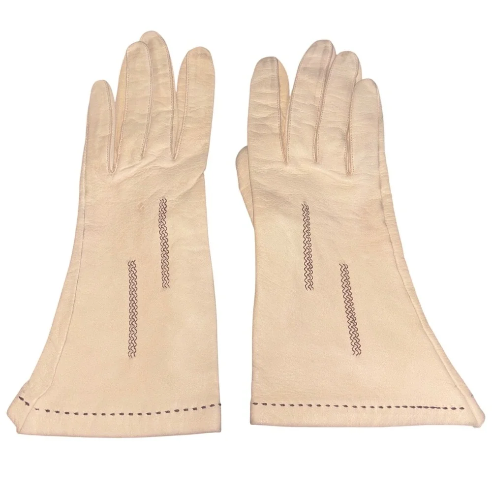 Cream Genuine Deerskin Leather Gloves | Vintage | Whipstitch Trim | Size‎ 7